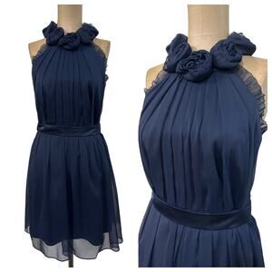 Lela Rose Mini Dress Rose Neckline Halter Cocktail Belted Chiffon